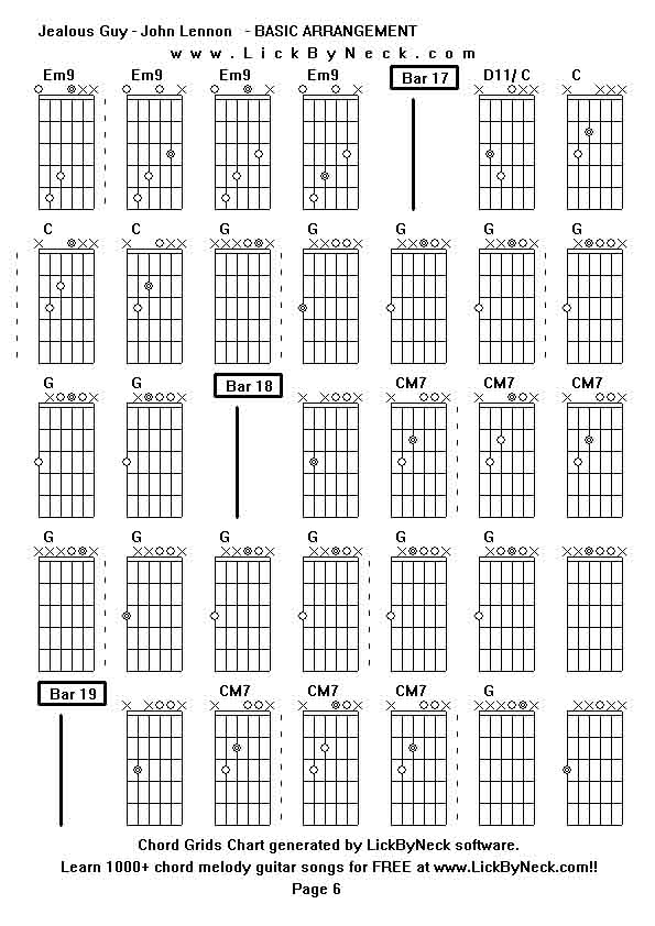 Chord Grids Chart of chord melody fingerstyle guitar song-Jealous Guy - John Lennon   - BASIC ARRANGEMENT,generated by LickByNeck software.